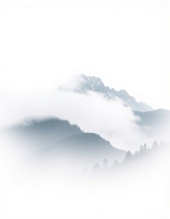 Mountain landscape with fog and mist on a foggy day.