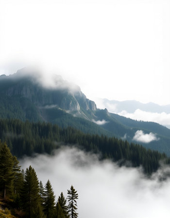 Foggy mountain landscape with pine trees and coniferous forest