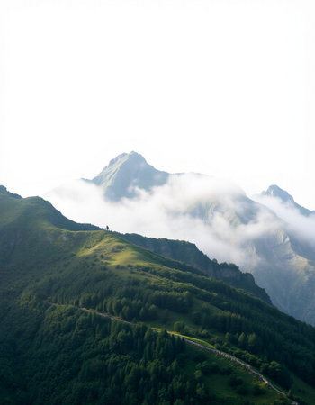 Mountain landscape with fog in the morning.