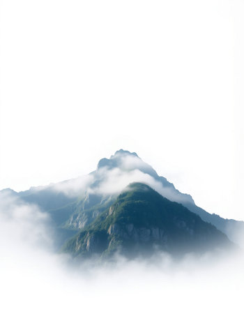 Mountain landscape on a foggy day, isolated on white backgroundの写真素材