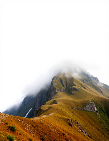 Mountain landscape with fog and clouds on the sky. Caucasus, Russia
