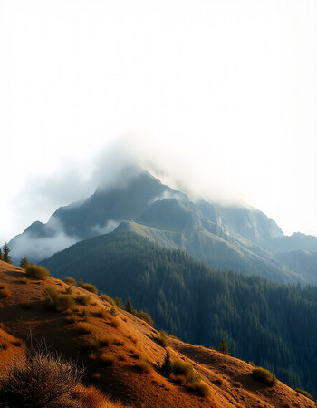 Mountain landscape. Peaks of the mountain range in the clouds.の写真素材