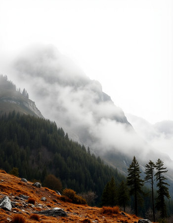 Foggy morning in the Dolomites mountains, Italy.の写真素材
