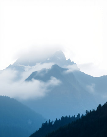 Mountain landscape with fog and clouds. Caucasus, Dombay, Russia