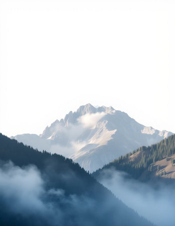 Mountain landscape with fog in the morning. Caucasus Mountains, Georgiaの写真素材