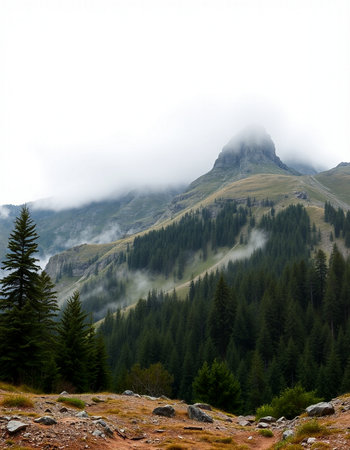 Mountain landscape with fog in the italian alps on a cloudy day