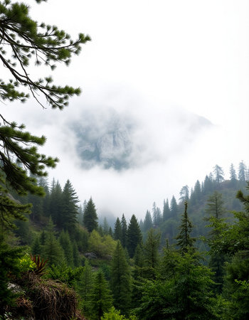 Mountain landscape with fog and coniferous forest in the foreground