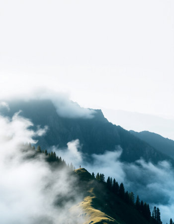 Mountain landscape with fog in the morning, Carpathians, Ukraine