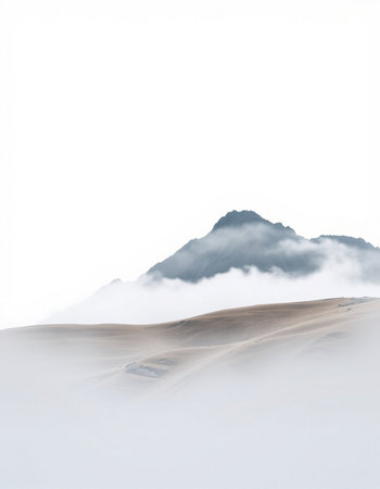 Mountain landscape with snow and fog isolated on a white background.の写真素材