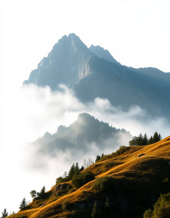 Mountain landscape with fog and clouds. Dolomites, Italyの写真素材