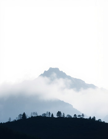 Silhouette of a mountain covered with fog and a coniferous forest