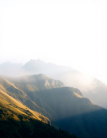 Mountain landscape with fog in the morning. Caucasus, Georgia.の写真素材