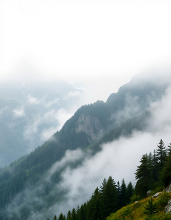 Mountain landscape with coniferous forest and fog in the morning