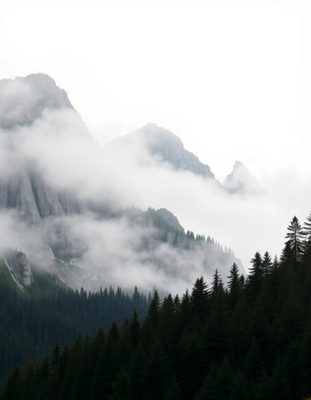 View of Dolomites mountains in fog
