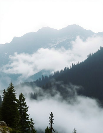 Mountain landscape with coniferous forest and fog in the morning