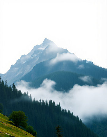 Mountain landscape with fog in the morning. Caucasus Mountains, Georgia.