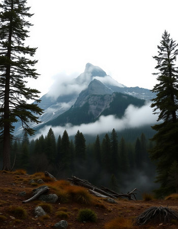 Mountain landscape with pine forest and fog in the morning, Switzerland