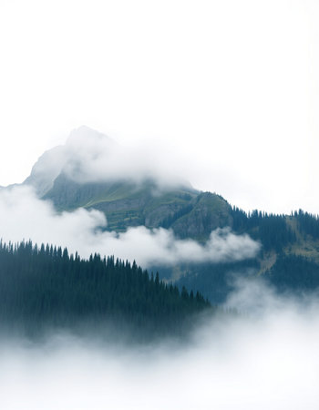 Mountains in the fog. Peaks of mountain peaks in the fog.