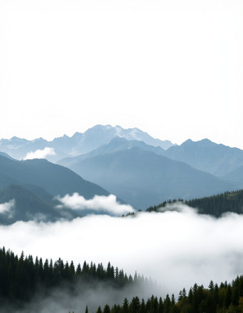 Mountains covered with fog and coniferous forest in the morningの写真素材