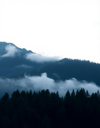 Foggy mountains with coniferous forest in the background.