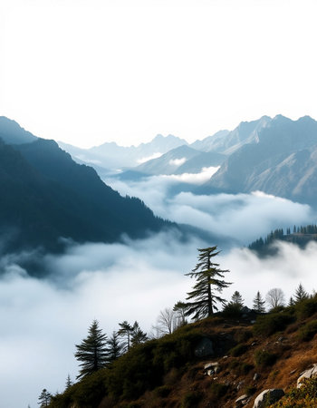 Mountain landscape with fog and coniferous forest in the morning