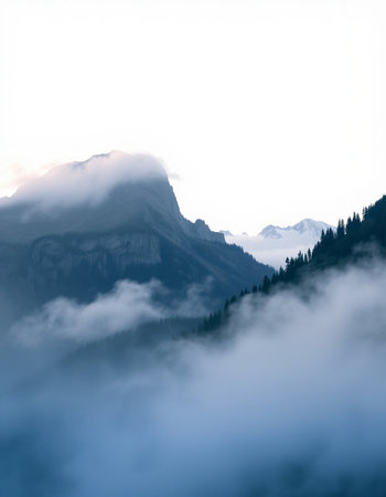 Mountain landscape with clouds and fog in Glacier National Park, Montana