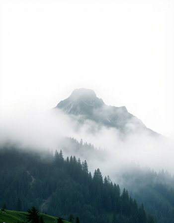 Foggy mountain landscape with coniferous forest and high peaksの写真素材