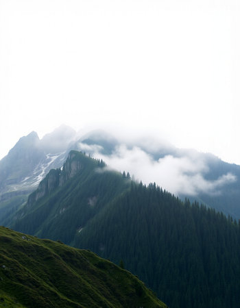 Mountain landscape with fog and clouds. Caucasus, Dombay
