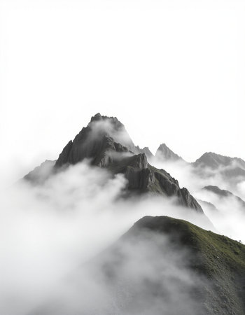 Mountain landscape with clouds and fog. Caucasus Mountains, Georgia.