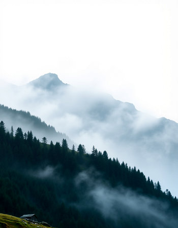 Foggy mountain landscape with high peaks and coniferous forest