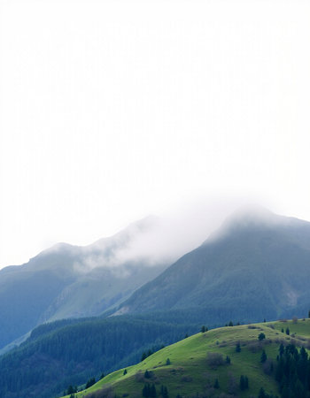 mountain landscape with fog and clouds on a sunny day in summerの写真素材