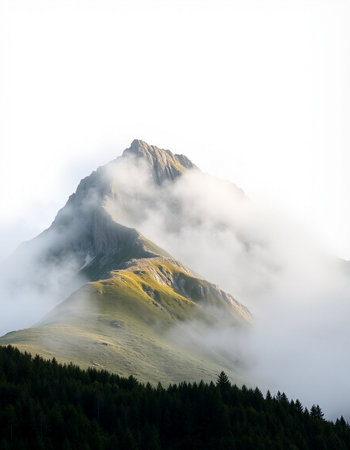 Mountain landscape with fog in the morning. Caucasus, Georgia.の写真素材