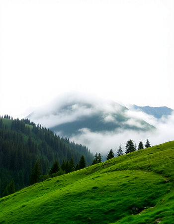 mountain landscape with fog and clouds on a sunny day in summer