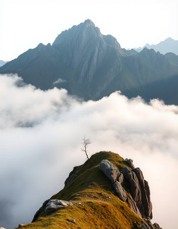 Lonely tree on top of a mountain in the clouds.の写真素材