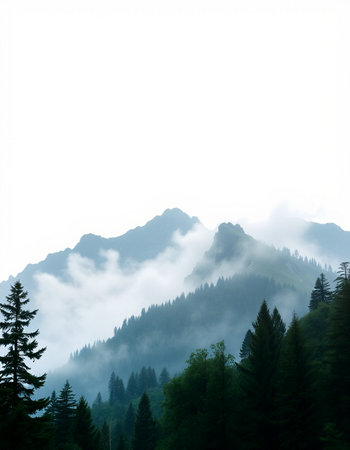 Mountain landscape with fog and pine trees in the foreground, Austriaの写真素材