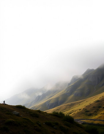 Mountain landscape with fog and clouds. Caucasus Mountains, Georgia.の写真素材