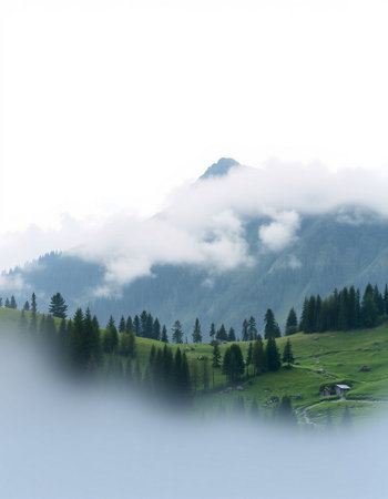 Foggy mountain landscape in the Alps, Bavaria, Germanyの写真素材