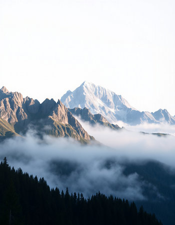 Mountain landscape with clouds and fog. Caucasus Mountains, Georgia.