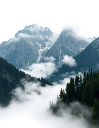 Mountain landscape with coniferous forest and high peaks in clouds
