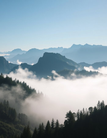 Mountain landscape with fog and clouds. View from the top of the mountain.の写真素材