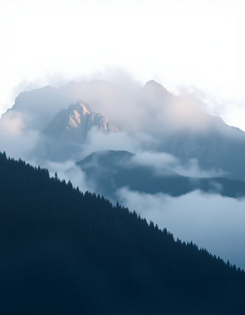 Mountain landscape with fog and clouds. Caucasus, Dombay.