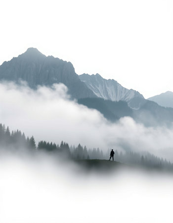 Silhouette of a man standing on a mountain peak with fog