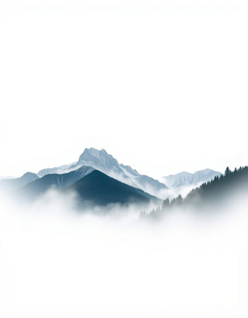 Mountain landscape with fog and clouds in the foreground, isolated on white background