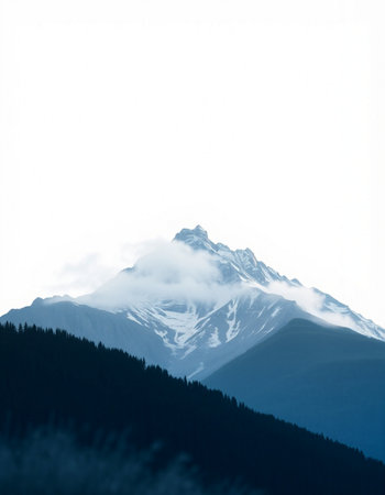 Mountain landscape with snow-capped peaks on a foggy day