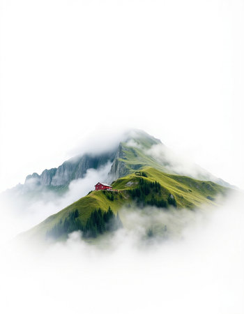 Mountain landscape with a red house in the middle of the cloudsの写真素材