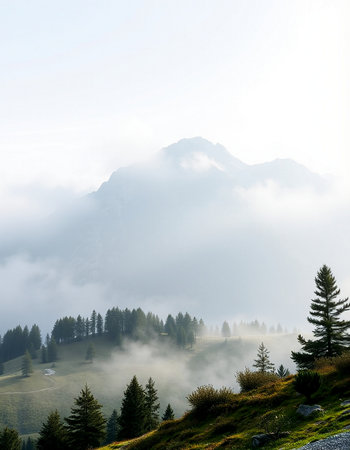 Foggy mountain landscape in Dolomites, Italy, Europe