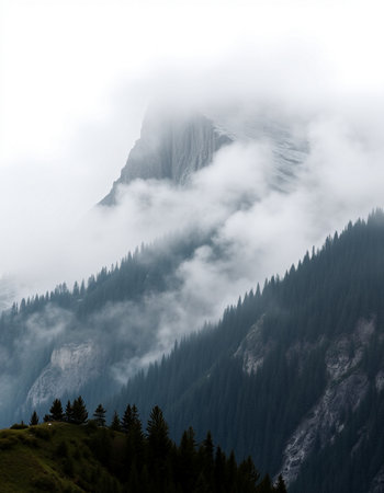 Dolomites mountain range in fog, South Tyrol, Italy