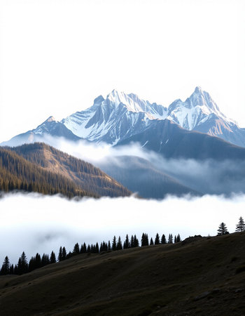 Mountain landscape with fog and clouds.