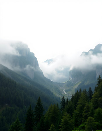 Mountains in the fog in the Dolomites, Italy.