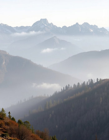 Foggy morning in the mountains, Dolomites, Italy